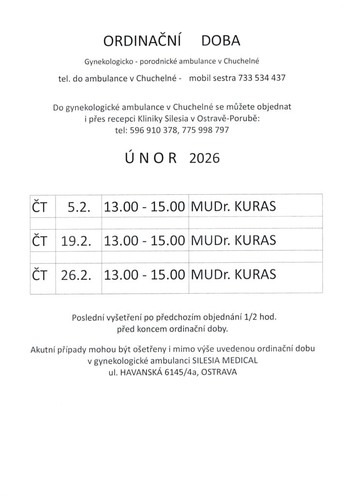 Gynekologie Chuchelná - únor