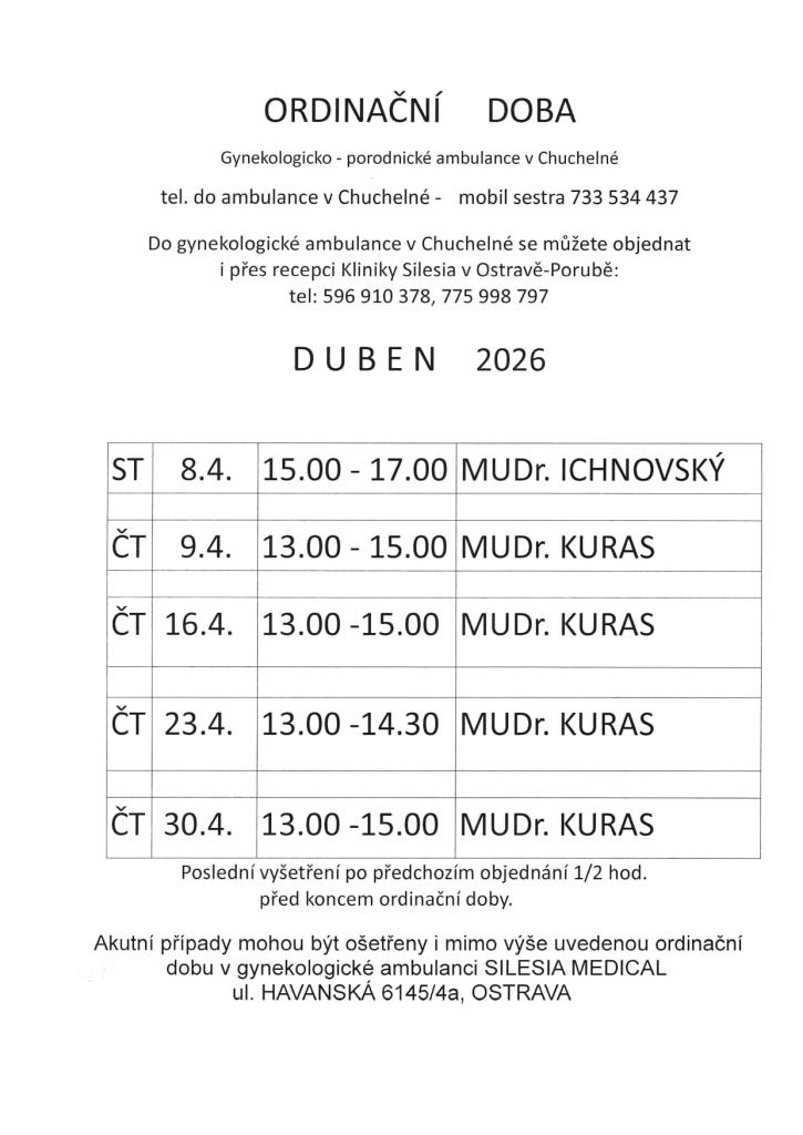 Ordinační doba  - duben - Gynekologie