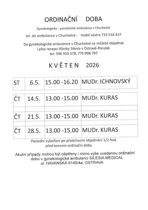 Ordinační doba Gynekologie - květen