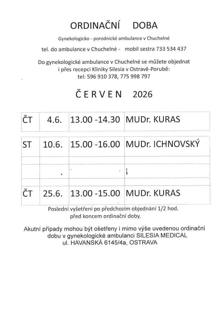 Ordinační doba  - červen - Gynekologie