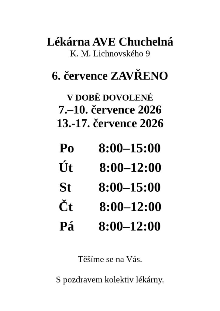 Lékárna Ave Chuchelná - otevírací doba během dovolené