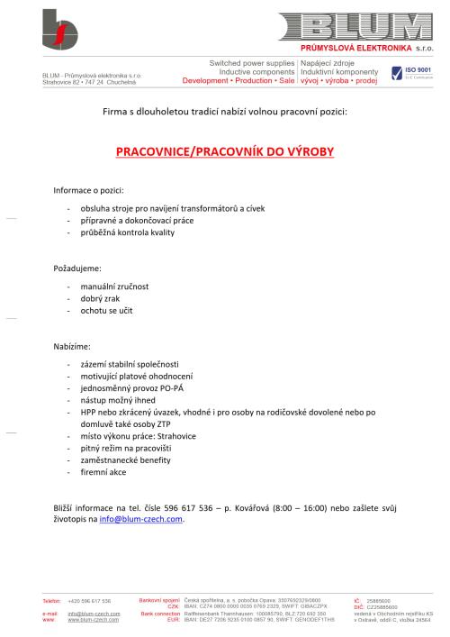 Blum-Průmyslová elektronika s.r.o. - nabídka volného místa